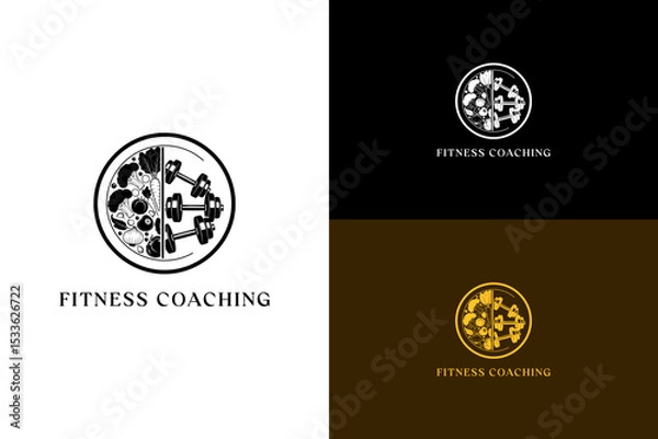 Fototapeta split plate half with vegetables, half with dumbbells illustration, vector logo for diet plan, keto diet, health and wellness, exercise, workout, gym, trainer, fitness coaching, bodybuilding, and more