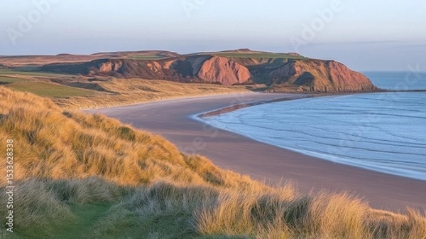 Fototapeta Scenic Beach Coastal Landscape with Dunes Cliffs and Sea Under Clear Sky