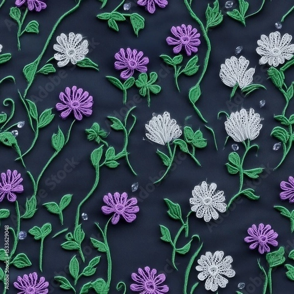 Fototapeta Seamless lace floral pattern with delicate white and purple flowers and intricate green vines on a dark blue background, enhanced with subtle scattered crystals for a refined look.
