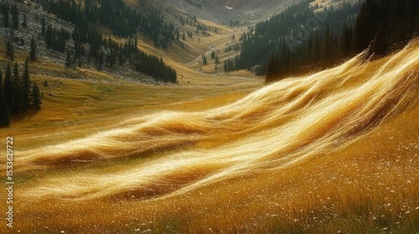 Fototapeta Sunlit Golden Meadow Valley With Mountains In Background Scenic Landscape