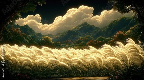 Fototapeta Golden Grass Field at Dusk Pixel Art Landscape With Cloudy Mountain Scenery