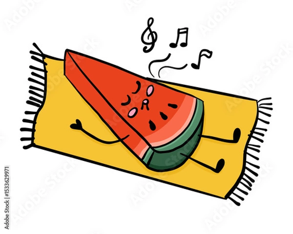 Fototapeta Cute watermelon slice character relaxing on a towel and listening to music. Concept symbolizes summer chill, leisure and fruity happiness