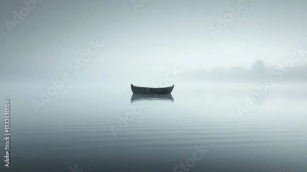 Fototapeta Silhouette of Boat On Calm Lake in Morning Fog Moody Scene
