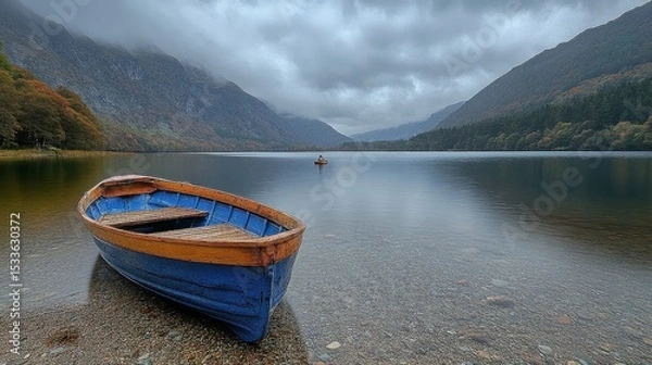 Fototapeta Blue Boat on Serene Lake with Mountain Backdrop and Cloudy Sky Landscape