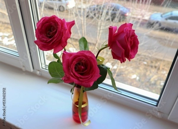 Fototapeta Rose flowers arrangement on a window. Bunch of flowers with green ribbon in a glass vase.