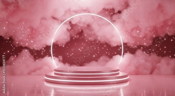 Fototapeta Pink Platform with Light Ring and Cloud Background