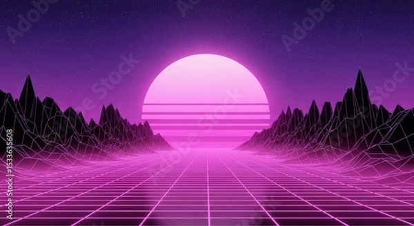 Fototapeta Retro Landscape with Grid and Sun