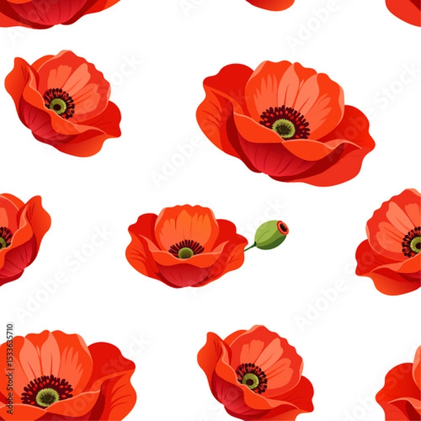 Fototapeta seamless pattern of red poppies with buds on a transparent background 2
