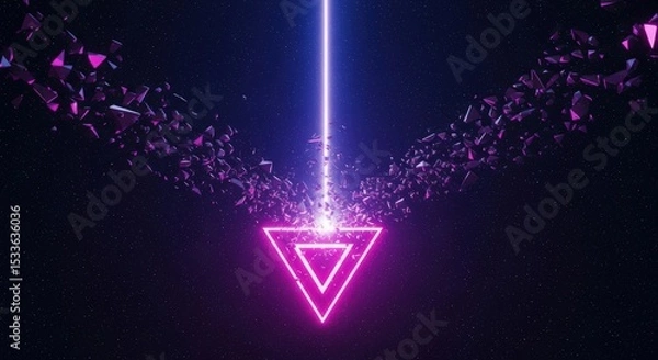 Fototapeta Glowing Triangle with Purple Light Beam and Floating Fragments