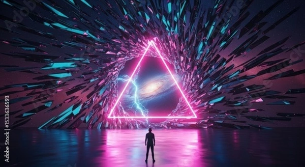 Fototapeta Man in Front of Galaxy with Glowing Triangle