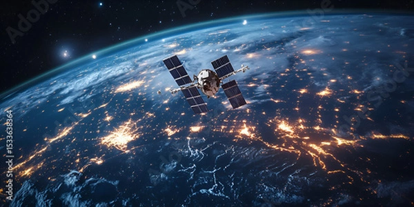 Fototapeta Satellite in orbit over Earth with glowing city lights at night, Earth from space with satellite and network connections, Satellite floating above Earth with digital connectivity in space