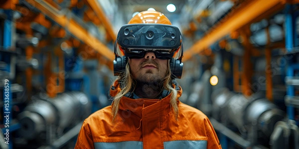 Fototapeta Worker in industrial safety gear using VR headset in factory, Engineer with VR headset in manufacturing plant with futuristic equipment, Virtual reality technology for industrial work in factory setti
