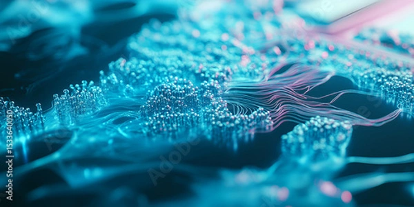 Fototapeta "Abstract neural network with glowing lines and digital elements, Futuristic technology with interconnected digital nodes and data flow, Close-up of digital brain network with glowing circuits and lin