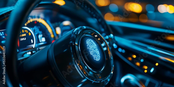 Fototapeta Close-up of luxury car steering wheel and dashboard illuminated, Modern car dashboard with glowing lights and advanced control, Luxury car interior with illuminated digital dashboard at night
