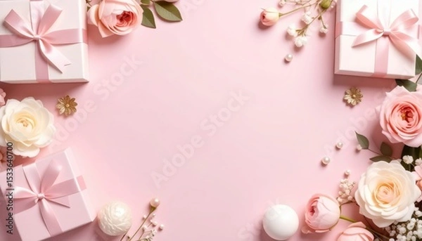 Fototapeta Gift presentation with pink flowers and boxes soft background decorative arrangement elegant atmosphere