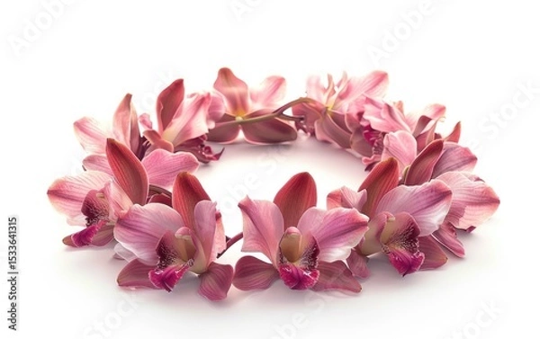 Fototapeta Crown of pink orchids forms a elegant floral arrangement against a white background.