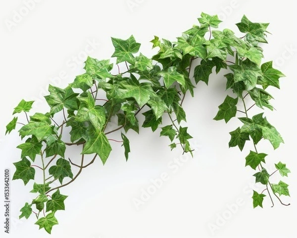 Fototapeta Green ivy vine with numerous leaves isolated against a stark white background