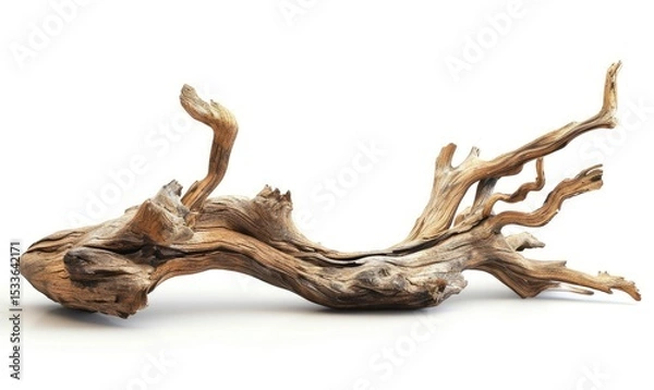 Fototapeta Weathered piece of driftwood with intricate curves and textures is shown isolated against a white background.