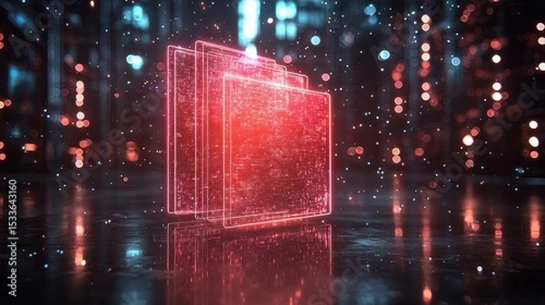 Fototapeta Glowing Red Translucent Cube in Cyberpunk Cityscape