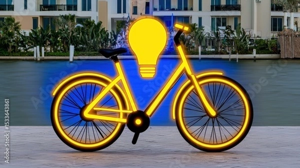Fototapeta Glowing Yellow Bicycle with Lightbulb on Sandy Beach near Modern Buildings
