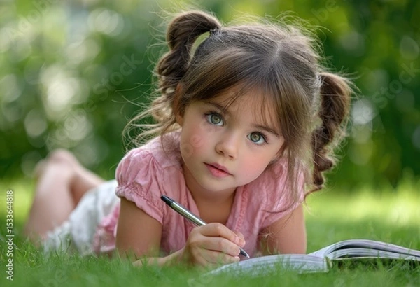 Fototapeta A little girl is lying on the grass, holding an open book and writing with her pen in it. She has brown hair tied into pigtails, wearing pink shorts and a white top