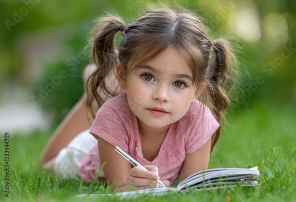 Fototapeta A little girl is lying on the grass, holding an open book and writing with a pen in her hand.