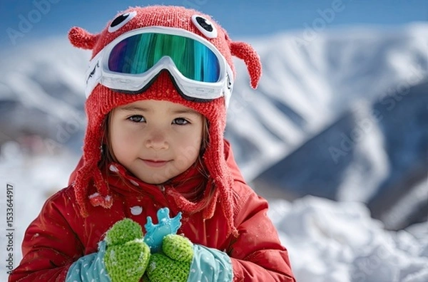 Fototapeta A cute little boy wearing colorful ski goggles and a red snow suit is standing on the snowy mountain, smiling happily at his parents in front of him