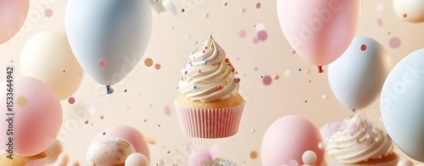 Obraz Floating cupcake with pastel balloons and colorful confetti creates a dreamy, festive celebration mood. Ideal for birthdays, baby showers, or party invitations.
