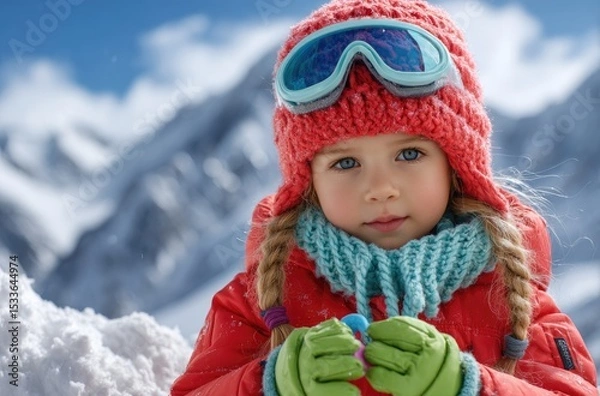Fototapeta A cute little boy wearing colorful ski goggles and a red snow suit is standing on the snowy mountain, smiling happily at his parents in front of him