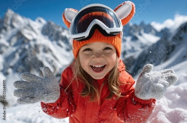 Fototapeta A cute little boy wearing colorful ski goggles and a red snow suit is standing on the snowy mountain, smiling happily at his parents in front of him