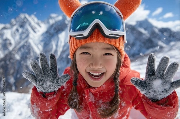 Fototapeta A cute little boy wearing colorful ski goggles and a red snow suit is standing on the snowy mountain, smiling happily at his parents in front of him