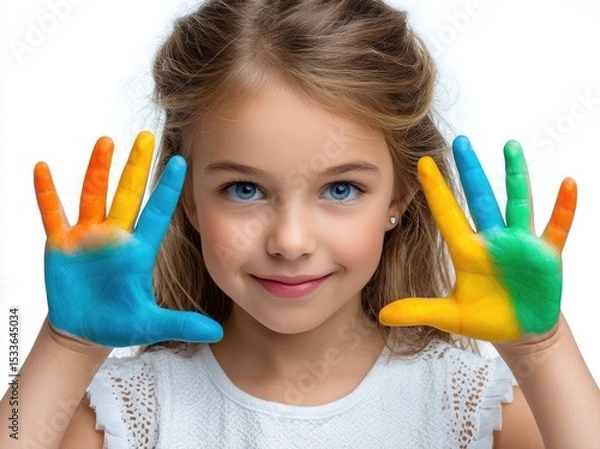Fototapeta A happy child with paint on her hands, isolated on a white background