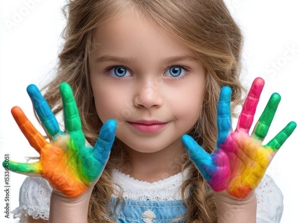 Fototapeta A happy child with paint on her hands, isolated on a white background