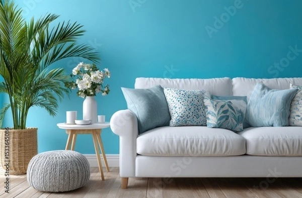 Fototapeta Modern living room with a blue wall, a white sofa, and a side table. Simple interior design of a home or apartment