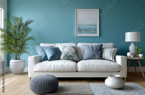 Fototapeta Modern living room with a blue wall, a white sofa, and a side table. Simple interior design of a home or apartment
