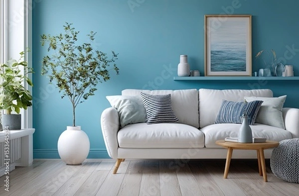 Fototapeta Modern living room with a blue wall, a white sofa, and a side table. Simple interior design of a home or apartment