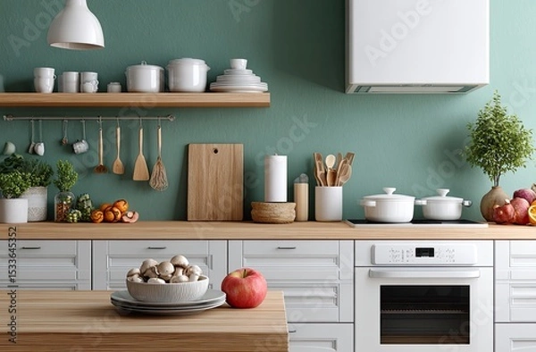 Fototapeta Stylish kitchen with gray cabinets and a green wall, a white countertop on which there are cooking equipment such as pots, plates of food, and fruits