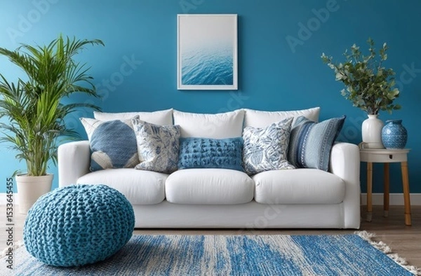 Fototapeta Minimalist living room with a blue wall, a white sofa and side table, and a gray picture frame on the wall