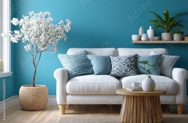 Fototapeta Minimalist living room with a blue wall, a white sofa and side table, and a gray picture frame on the wall