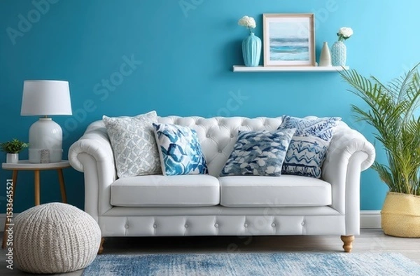 Fototapeta Minimalist living room with a blue wall, a white sofa and side table, and a gray picture frame on the wall