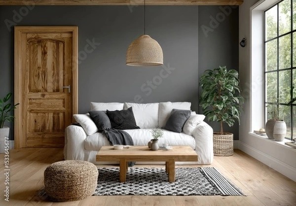 Fototapeta A bright Scandinavian-style interior with light gray walls, white wooden flooring, and a cozy sofa in the center of an open-plan living room