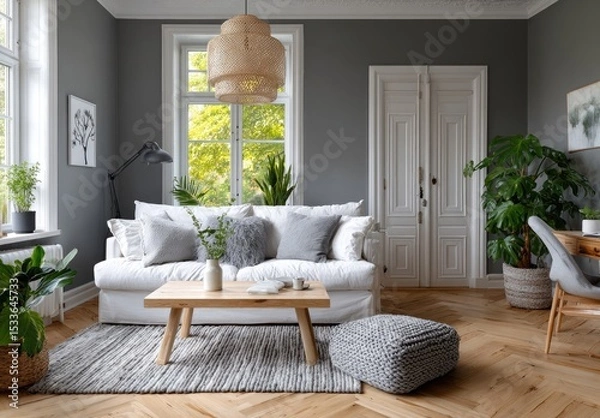 Fototapeta A bright Scandinavian-style interior with light gray walls, white wooden flooring, and a cozy sofa in the center of an open-plan living room