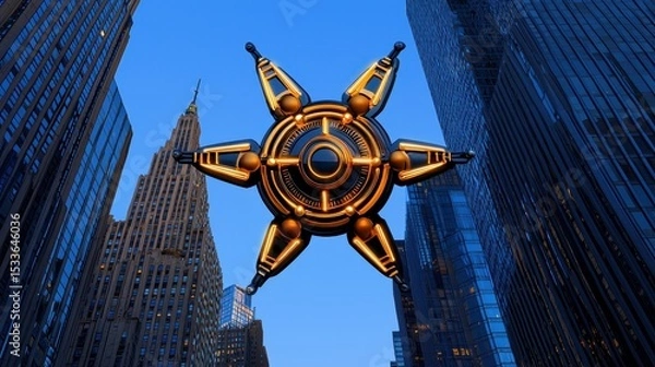 Fototapeta Golden Star Shaped Object Hovering Above City at Dusk