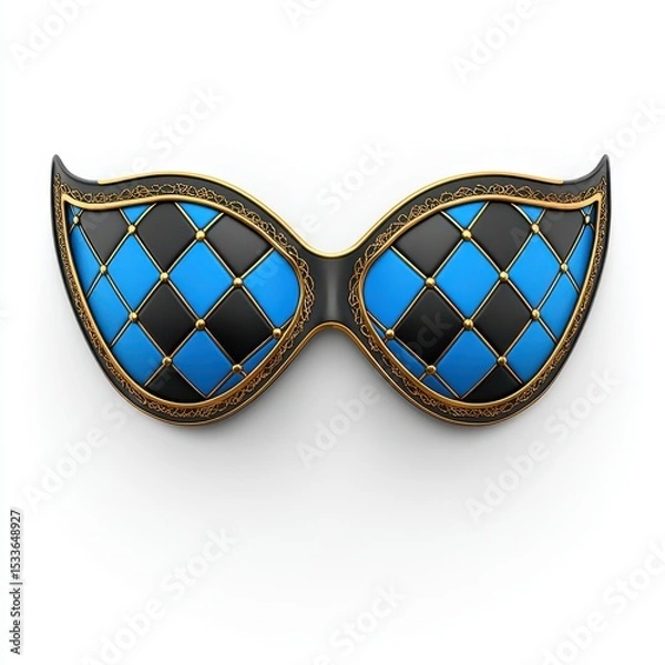 Fototapeta Harlequin Eye Mask Black and Blue Diamond Pattern with Gold Frame
