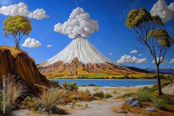 Fototapeta Idyllic Volcanic Landscape Painting with Snow Capped Volcano and Puff of Smoke