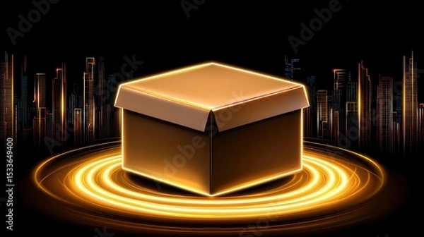 Fototapeta Illuminated Cardboard Box on Glowing Platform Against Night City Skyline