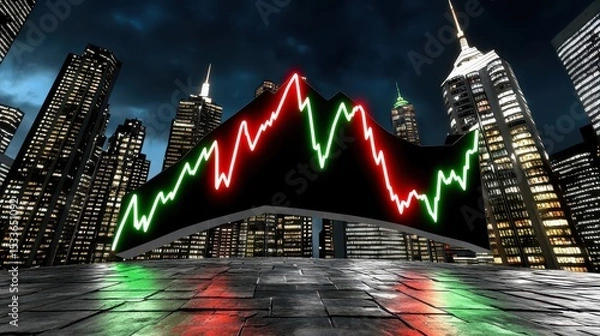 Fototapeta Illuminated Stock Market Graph Over Night Cityscape