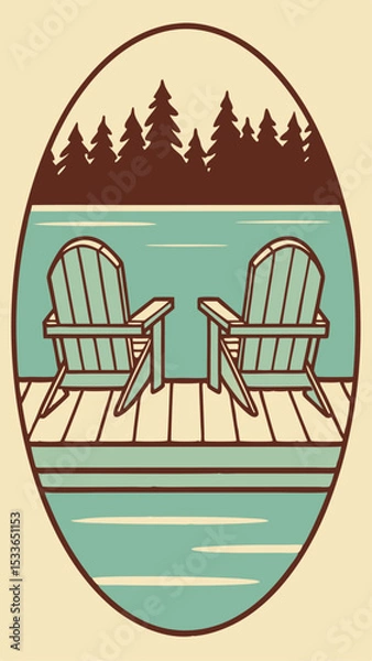 Fototapeta Relaxing lakeside scene featuring two adirondack chairs on a wooden dock for summer relaxation
