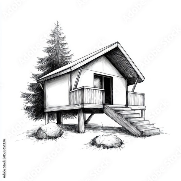 Fototapeta Ink Drawing of an Elevated Cabin with a Pitched Roof