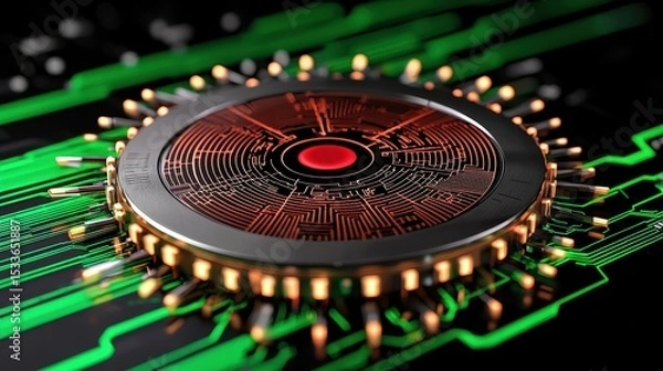 Fototapeta Intricate Copper And Red Circular Tech Component On Green Circuit Board